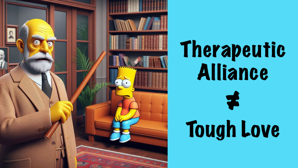 A strict Sigmund Freud, holding a stick like a teacher, stands next to a couch where scared Homer Simpson nervously sits, wide-eyed and anxious. The therapy room features psychology books on the shelves and a classic therapist’s setting, adding to the tension.